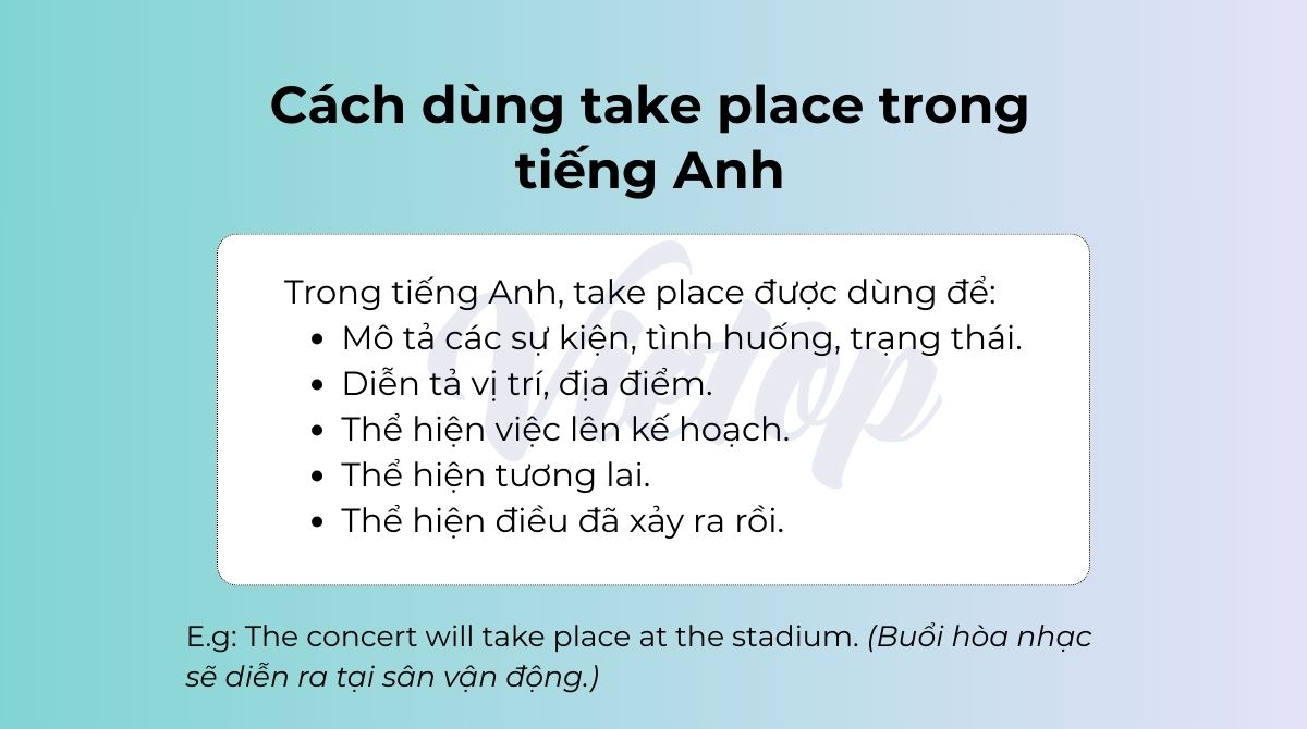 Cách dùng take place trong tiếng Anh