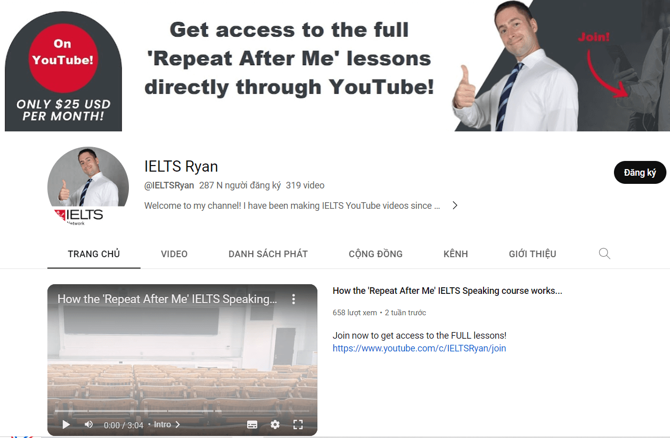 Kênh youtube học IELTS - IELTS Ryan