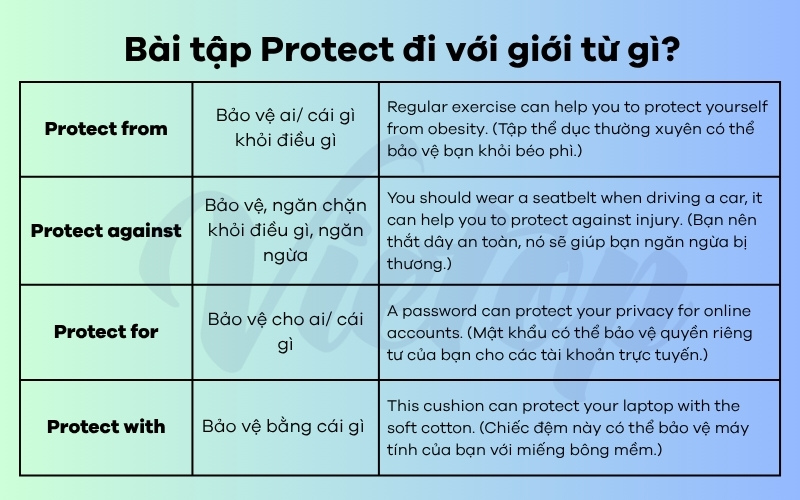 Bài tập Protect đi với giới từ gì?