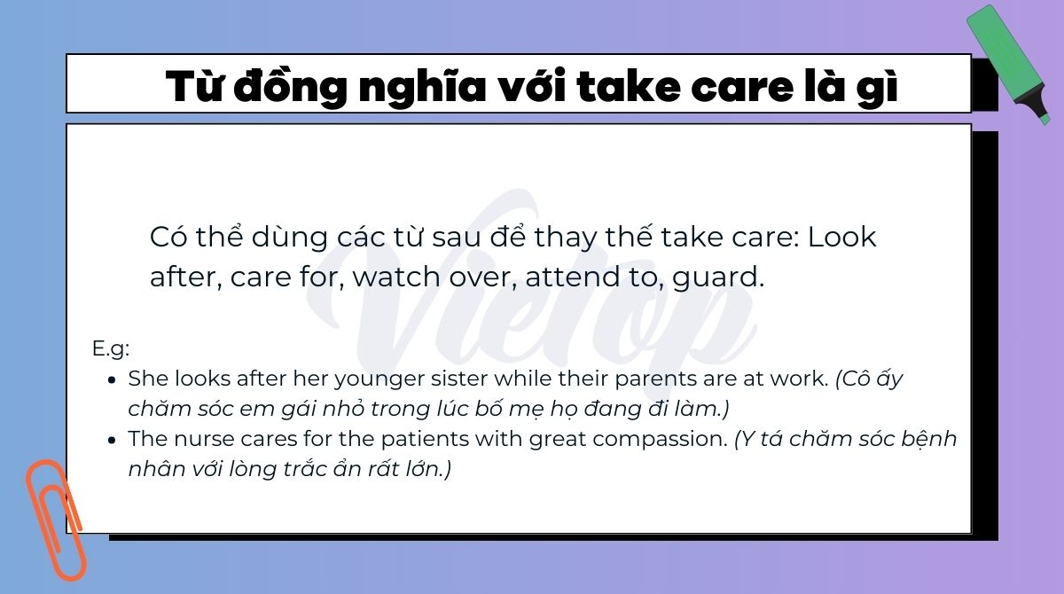 Từ đồng nghĩa với take care là gì