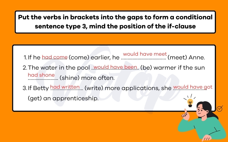 Put the verbs in brackets into the gaps to form a conditional sentence type 3, mind the position of the if-clause