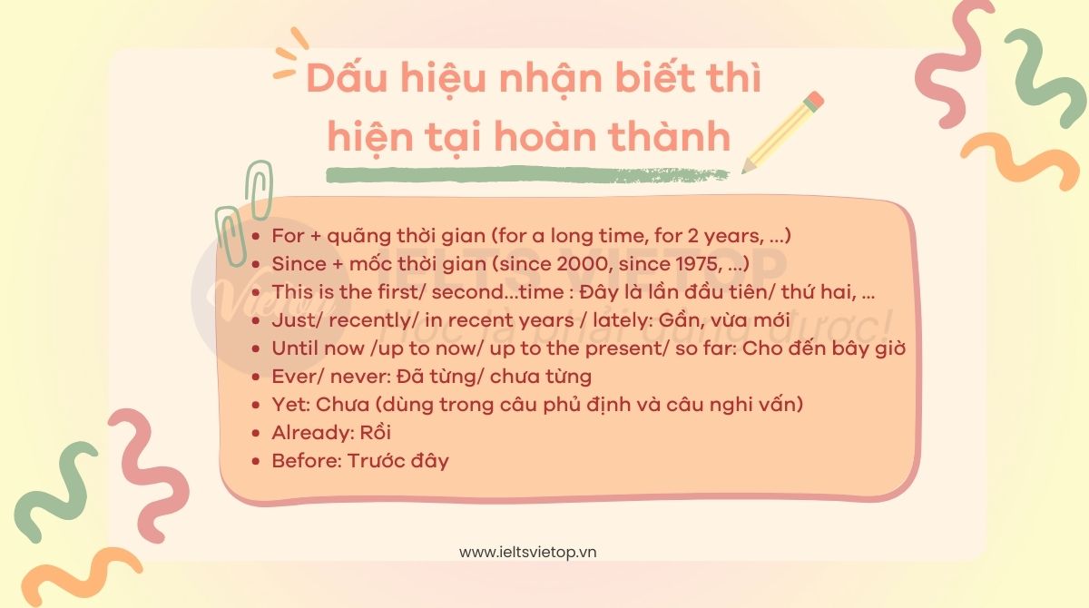 Dấu hiệu nhận biết thì hiện tại hoàn thành