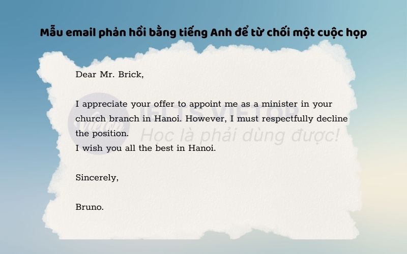 Mẫu email phản hồi bằng tiếng Anh để từ chối một cuộc họp