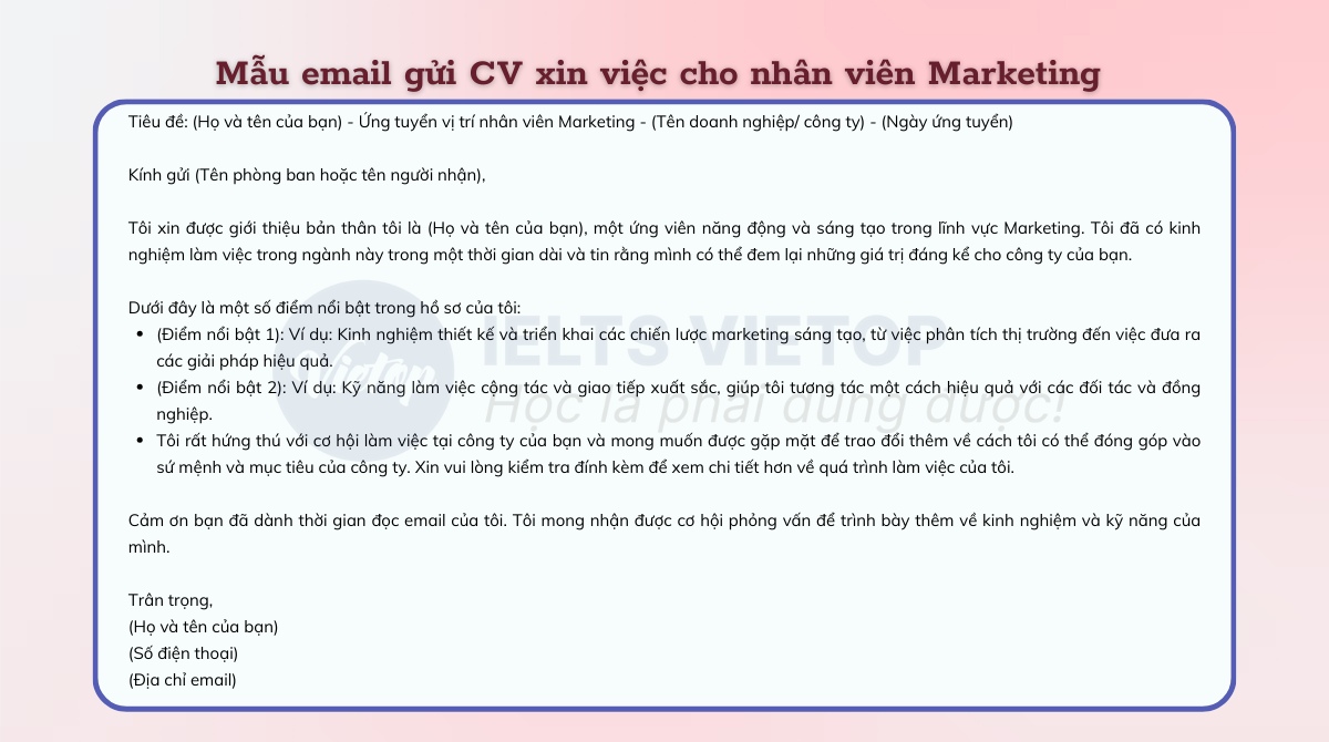 Mẫu email gửi CV xin việc cho nhân viên Marketing