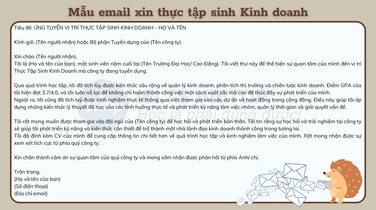 Mẫu email xin thực tập sinh Kinh doanh