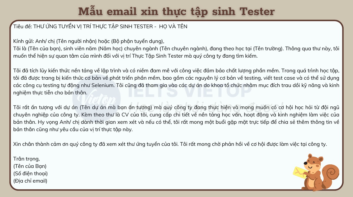 Mẫu email xin thực tập sinh Tester