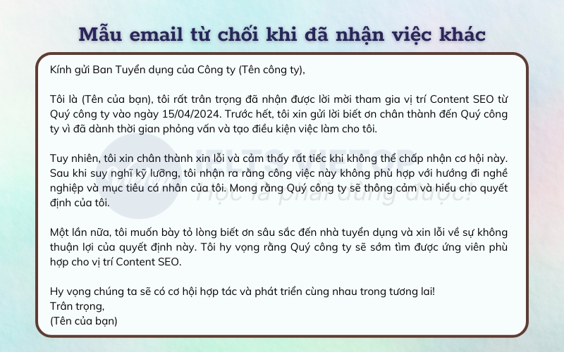 Mẫu email từ chối khi đã nhận việc khác