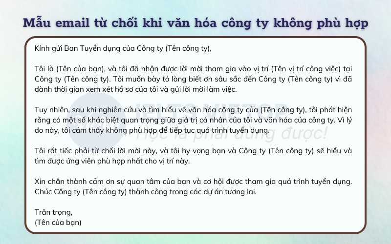 Mẫu email từ chối khi văn hóa công ty không phù hợp