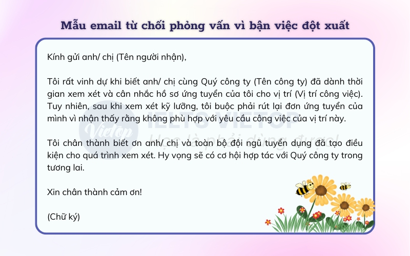 Mẫu email từ chối vì bận việc đột xuất