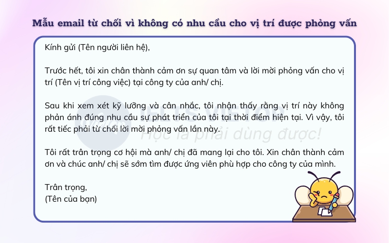 Mẫu email từ chối vì không có nhu cầu cho vị trí được phỏng vấn