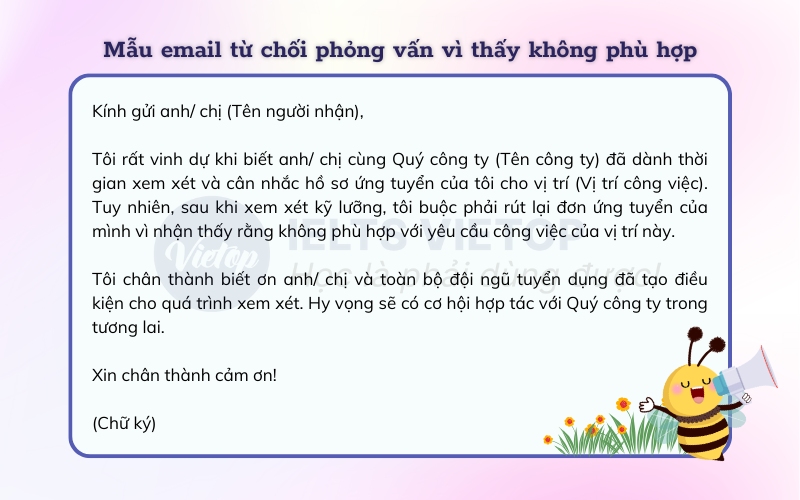 Mẫu email từ chối vì không thấy phù hợp