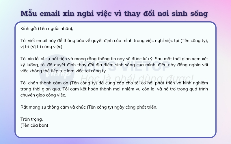 Mẫu email xin nghỉ việc vì thay đổi nơi sinh sống