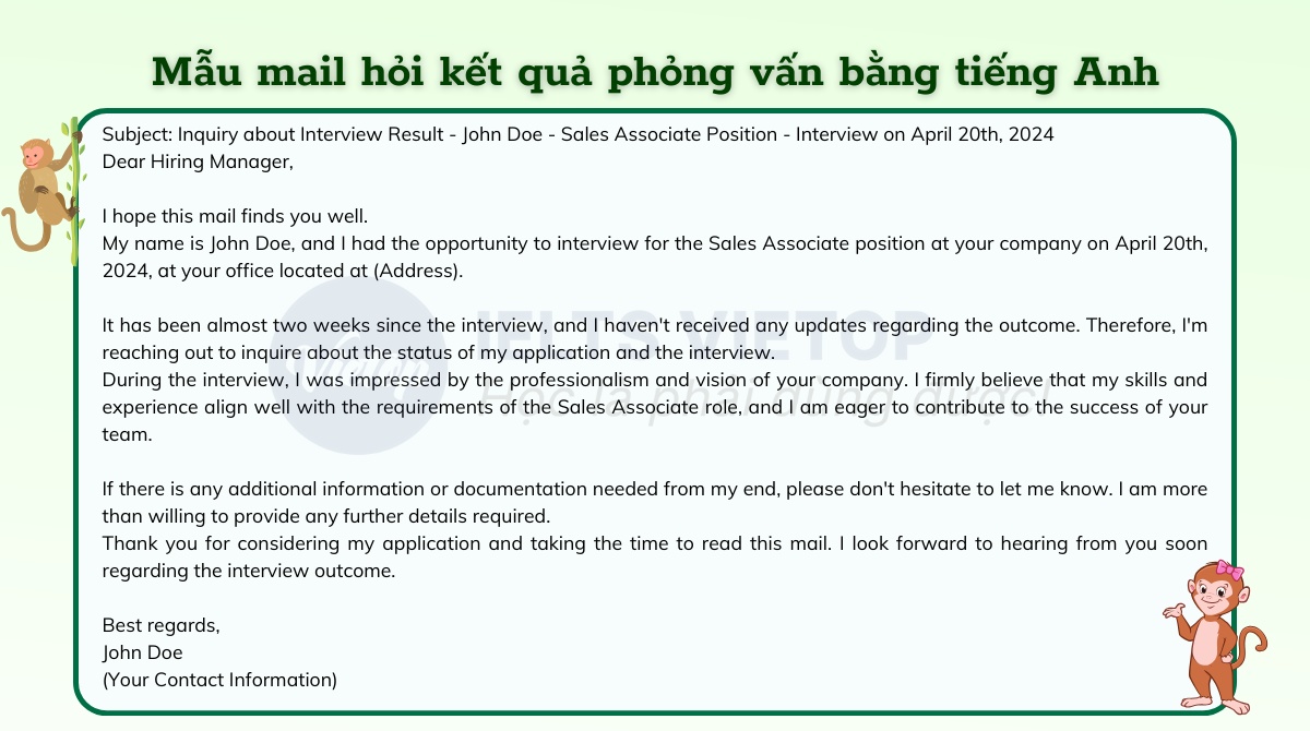 Mẫu mail hỏi kết quả phỏng vấn bằng tiếng Anh