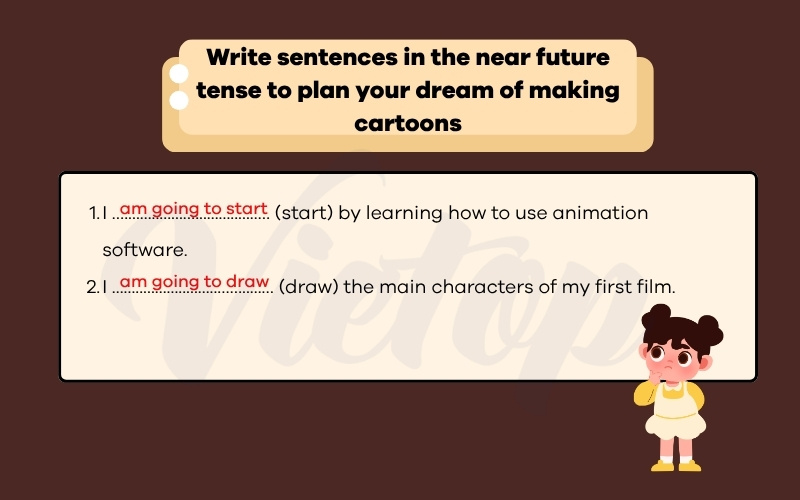 Write sentences in the near future tense to plan your dream of making car toons