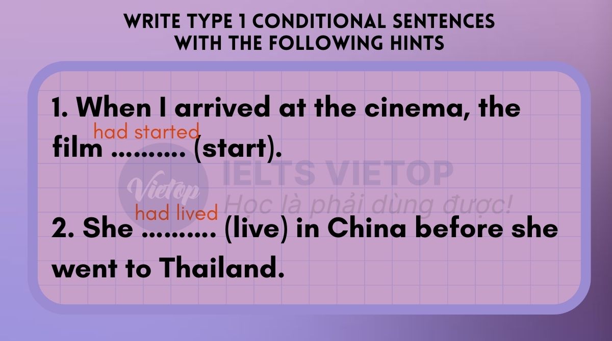 Write type 1 conditional sentences with the following hints