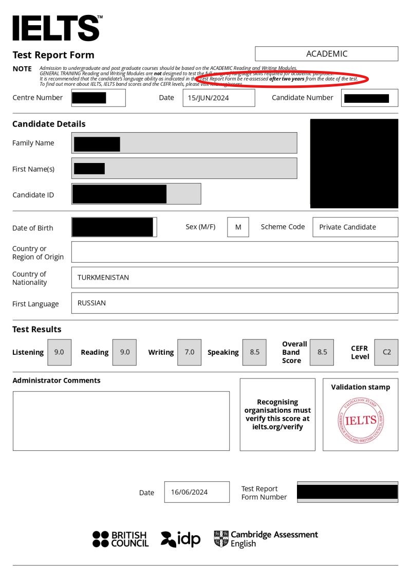 Ví dụ thời hạn chứng chỉ IELTS