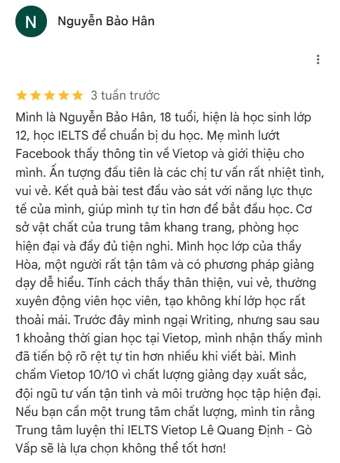 Feedback học viên tại Vietop Gò Vấp