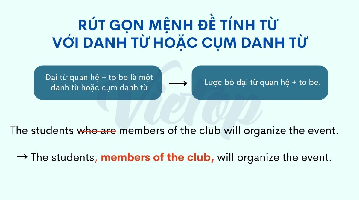 Rút gọn mệnh đề tính từ với danh từ hoặc cụm danh từ