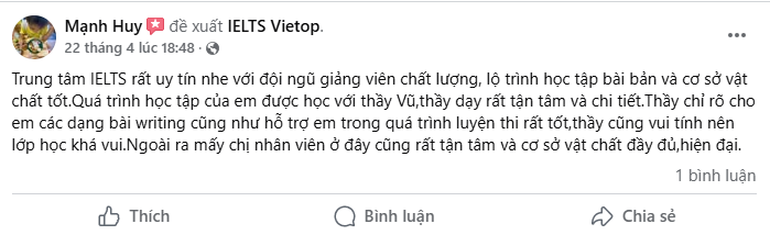 Review Vũ Trần Mạnh Huy