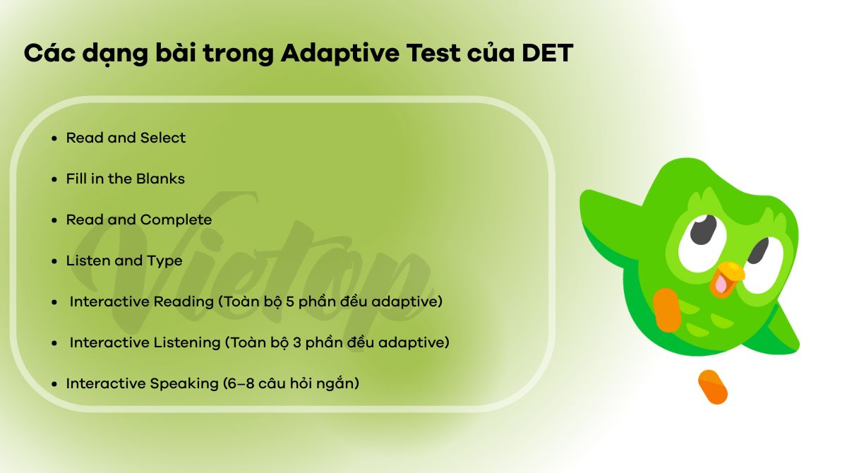 các dạng bài trong bài thi duolingo english test
