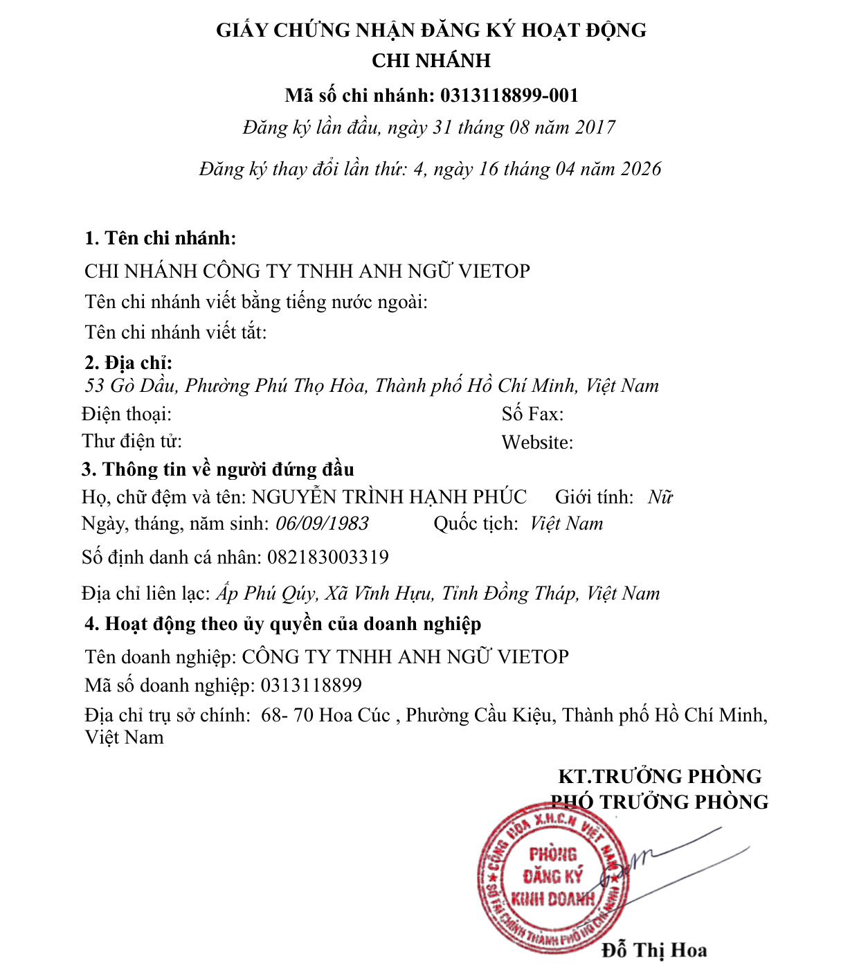 Giấy chứng nhận đăng ký hoạt động chi nhánh GD