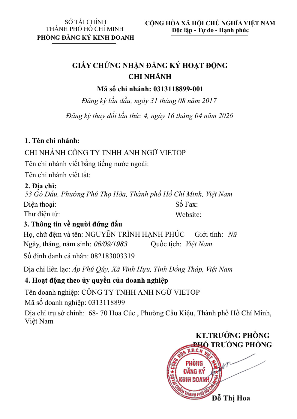 Giấy chứng nhận đăng ký hoạt động kinh doanh chi nhánh Gò Dầu