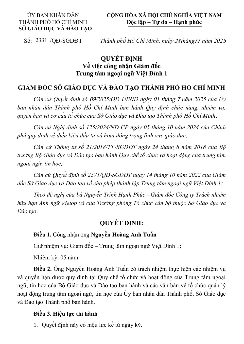Giấy công nhận giám đốc chi nhánh Gò Dầu
