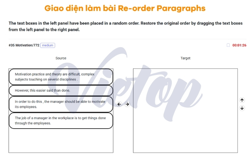 Giao diện làm bài PTE Reading Re-order Paragraphs